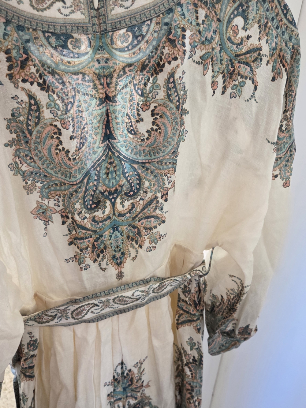 Zimmermann Cream Paisley V-Neck Long Sleeve Boho Dress with Teal Accents - Picture 4 of 7